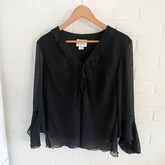 Vintage Blouse Sheer Flare sleeve Dark Romantic Ruffled Fairy Polka dot Sz 14 - Picture 10 of 15